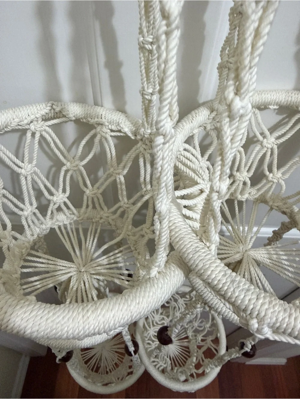 2 Vtg Macramé Hanging Planters 2 tier Pot Holders Cream Rope/Wood Beads, Tassels